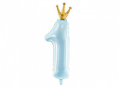 Foil Balloon Party Deco Sky Blue CROWN Number ONE 37cm x 100cm #FS2687011