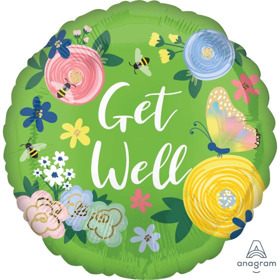 45cm Round Foil GET WELL Soon Floral Garden #41690- Each (Pkgd.)