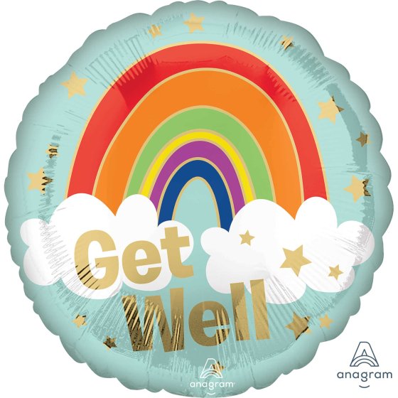 45cm Round Foil GET WELL Golden Rainbow #41692- Each (Pkgd.)