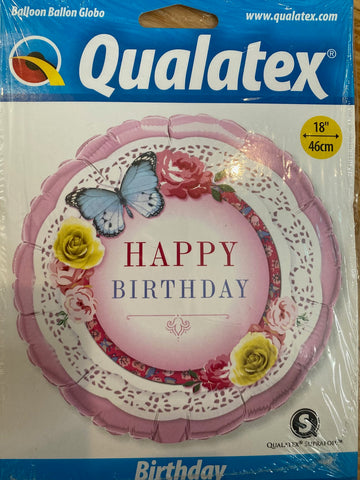45cm Round Foil BIRTHDAY Butterflies and Roses #45368 - Each (Pkgd.)