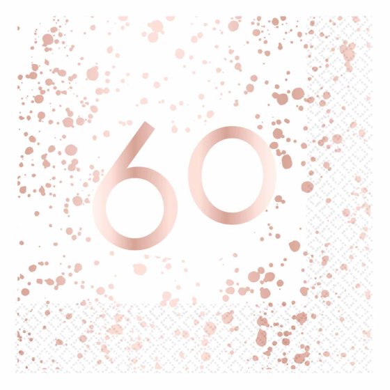 ROSE GOLD 60th Birthday LUNCH Napkins 16.5cm x 16.5cm #13904 16 pack