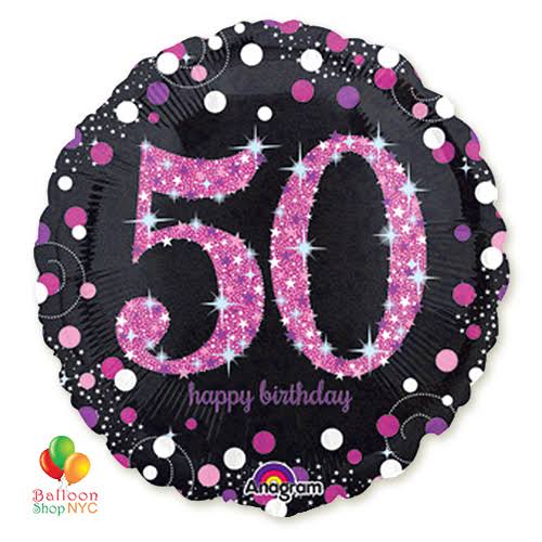 45cm Round Foil Holographic 50th Sparkling BIRTHDAY Pink Anagram #33787 - Each (Pkgd.)