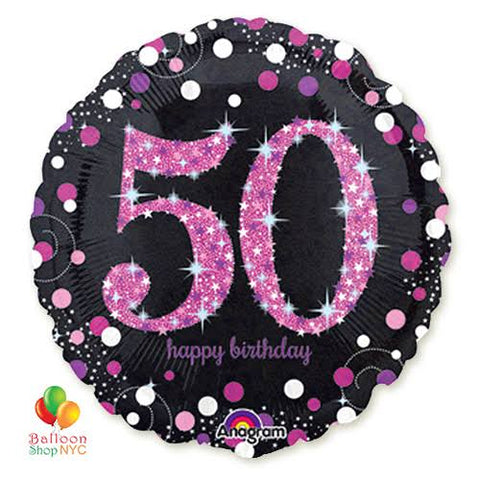 45cm Round Foil Holographic 50th Sparkling BIRTHDAY Pink Anagram #33787 - Each (Pkgd.)