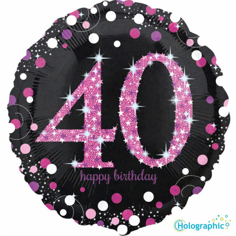 45cm Round Foil Holographic 40th Sparkling BIRTHDAY Pink Anagram #33786 - Each (Pkgd.)