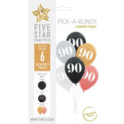 30cm Pick A Bunch 90th BIRTHDAY Met Assorted- pack of 6 #750045