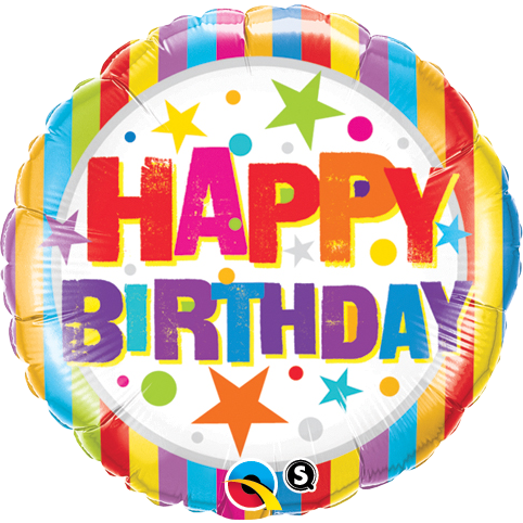 45cm Round Foil Birthday Stripes & Stars #16770 - Each (Pkgd.)