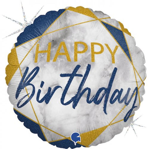 45cm Round Foil Balloon Marble Blue Happy Birthday #G78059GHB - Each (Pkgd.)