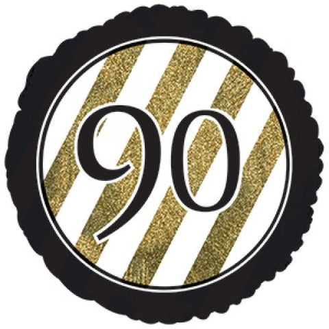 45cm Round Foil Black & Gold Stripes 90th Birthday #318108 - Each (Pkgd.)