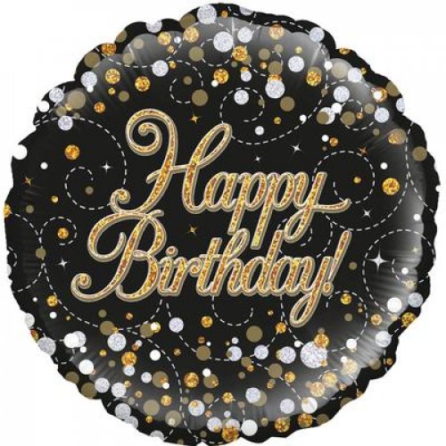 45cm Round Foil Balloon Sparkle Fizz Happy Birthday Black #210440 - Each (Pkgd.)
