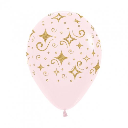 30cm Latex Round Golden Diamonds Glitter Print on Pastel Pink #222381 - Pack of 50