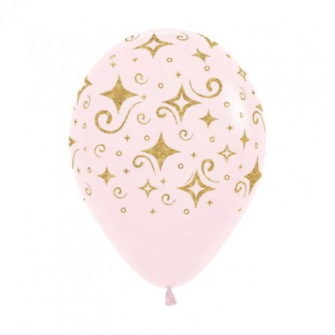30cm Latex Round Golden Diamonds Glitter Print on Pastel Pink #222381 - Pack of 50