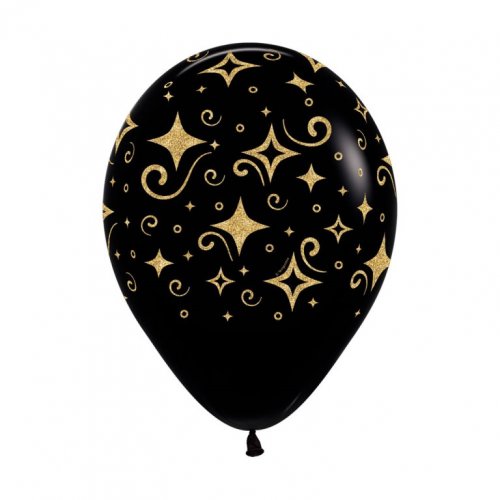 30cm Latex Round Golden Diamonds Glitter Print on Black #222382 - Pack of 50