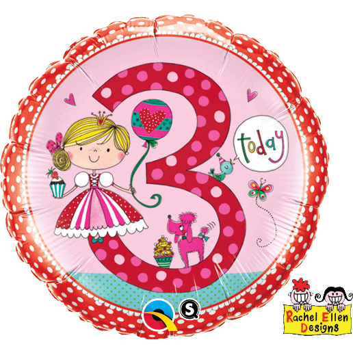 45cm Round Foil Rachel Ellen Age 3 Princess Polka Dots #23475 - Each (Pkgd.) SPECIAL ORDER ITEM
