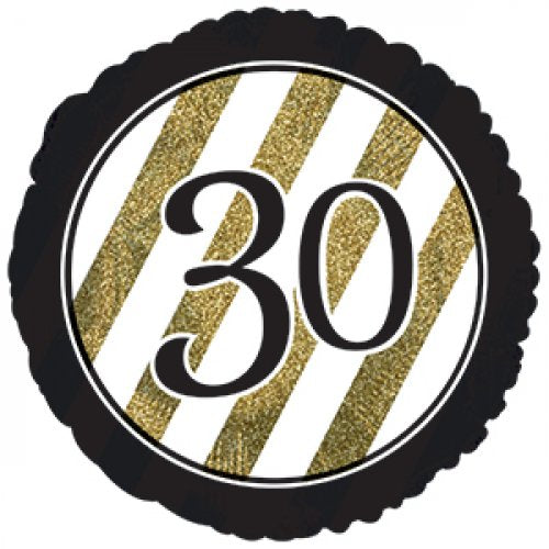 45cm Round Foil Black & Gold Stripes 30th Birthday #318102 - Each (Pkgd.)