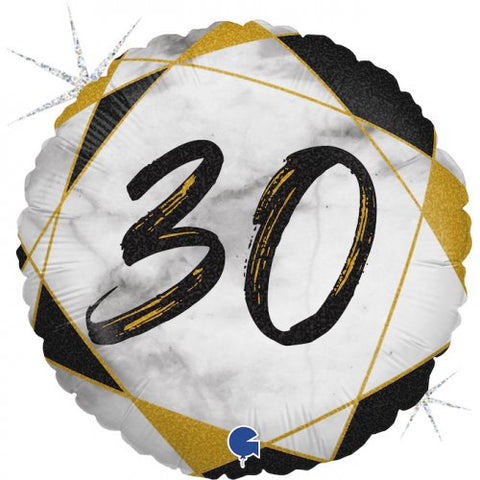 45cm Round Foil Balloon Marble Black Age 30 #G78063GHK - Each (Pkgd.)