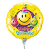 22cm Round Foil Birthday Smiley Faces #31125 - Each (Inflated, supplied air-filled on stick)