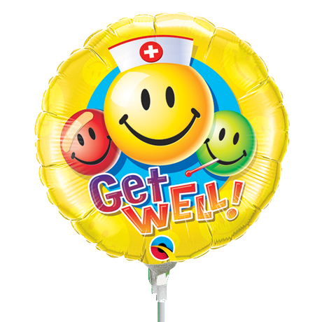 22cm Round Get Well Smiley Faces #31127 - Each (Inflated, supplied air-filled on stick)