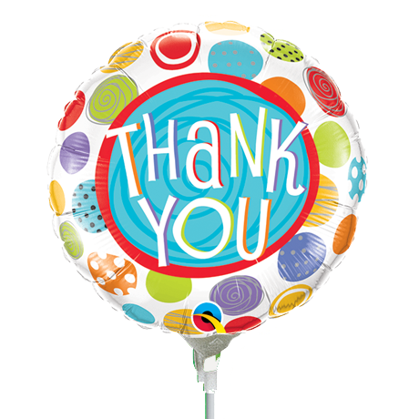 22cm Round Thank You Patterned Dots #33318 - Each (Inflated, supplied air-filled on stick)