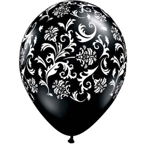 28cm Round Onyx Black Damask Print (White) #37506 - Pack of 50