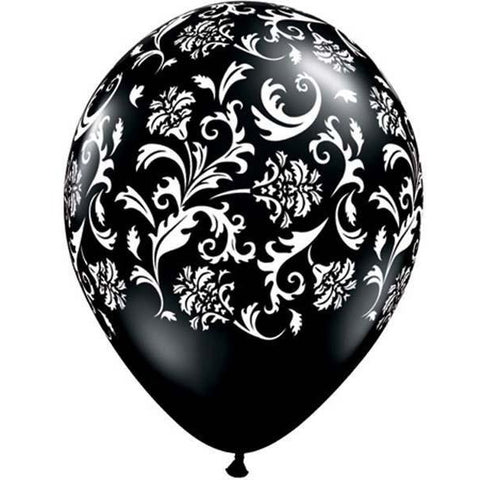 28cm Round Onyx Black Damask Print (White) #37506 - Pack of 50