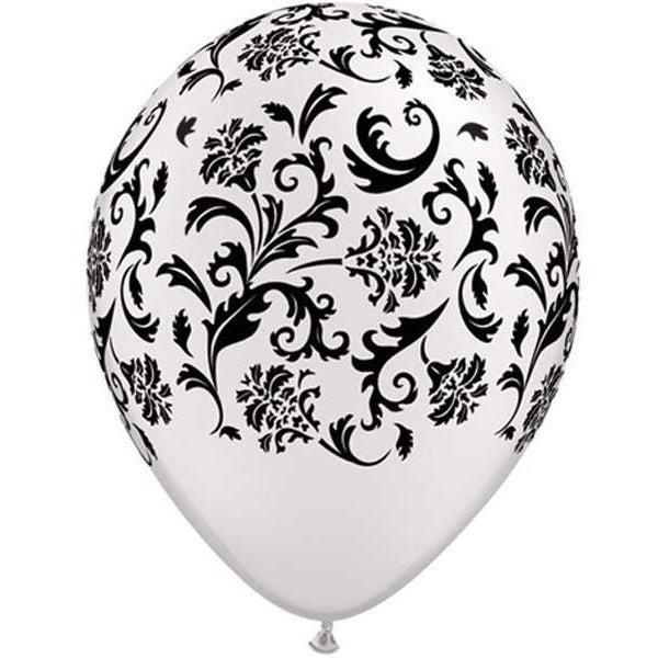 28cm Round Pearl White Damask Print (Black) #37508 - Pack of 50