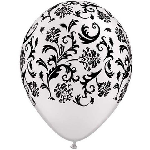 28cm Round Pearl White Damask Print (Black) #37508 - Pack of 50