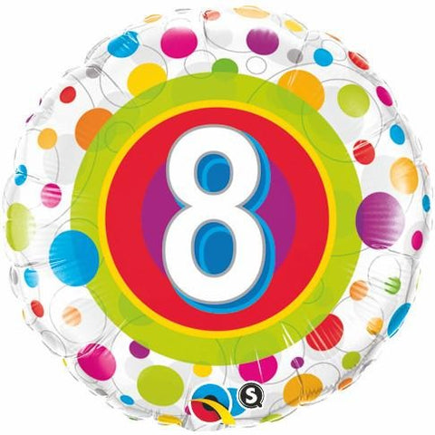 45cm Round Foil Age 8 Colorful Dots #41112 - Each (Pkgd.)