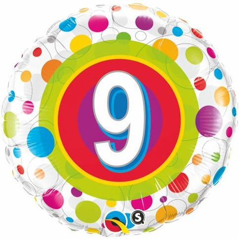 45cm Round Foil Age 9 Colorful Dots #41116 - Each (Pkgd.)
