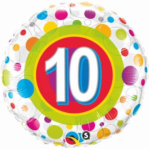 45cm Round Foil Age 10 Colorful Dots #41120 - Each (Pkgd.)