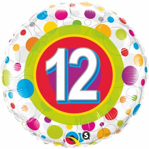 45cm Round Foil Age 12 Colorful Dots #41128 - Each (Pkgd.)