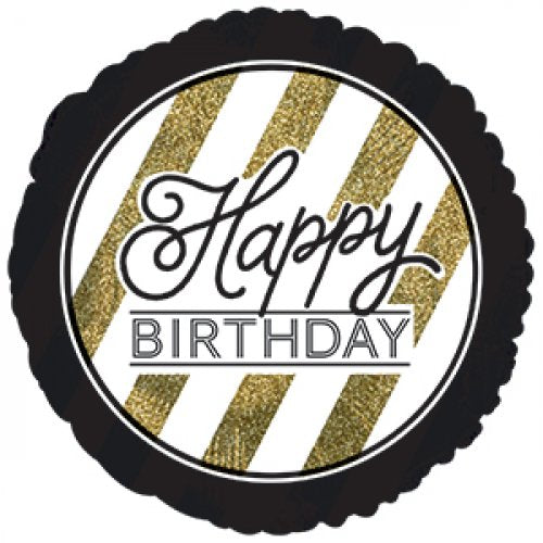 45cm Round Foil Balloon Black & Gold Stripe BIRTHDAY #AP318099 - Each (Pkgd.)