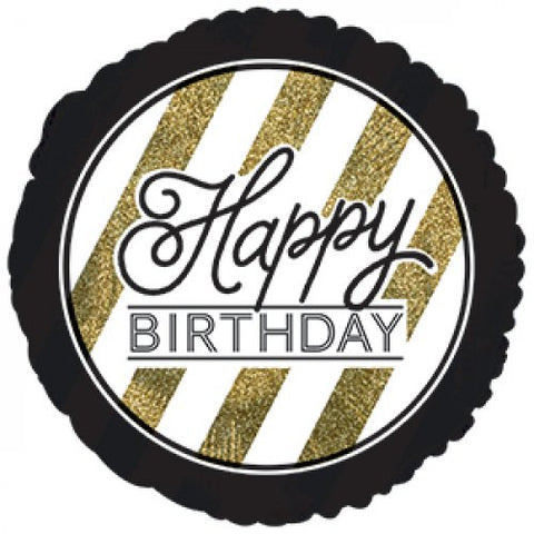 45cm Round Foil Balloon Black & Gold Stripe BIRTHDAY #AP318099 - Each (Pkgd.)