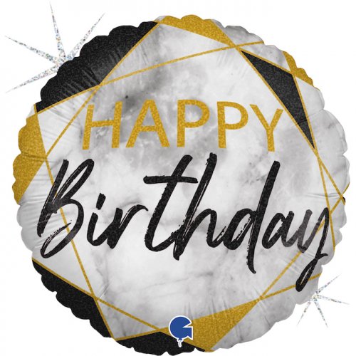 45cm Round Foil Balloon Marble Black Happy Birthday #G78067GHK - Each (Pkgd.)