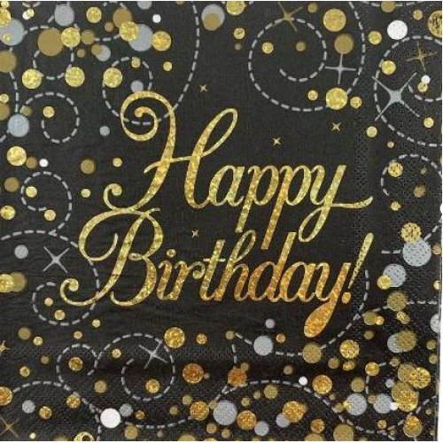 Sparkling Fizz BLACK Happy Birthday Napkins 33cm #AP635920