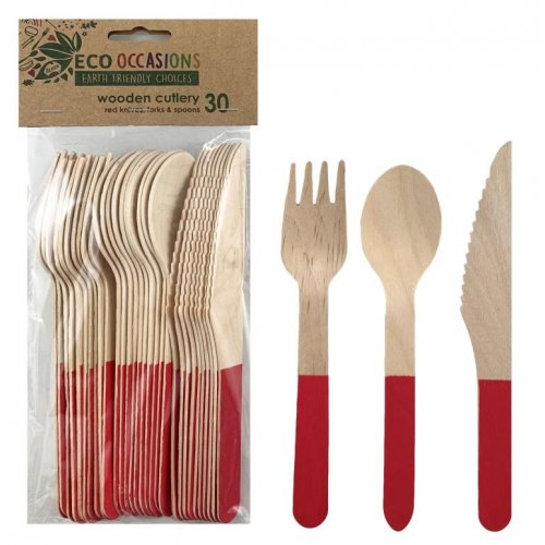 Wooden Cutlery Set RED P30 #AP401217